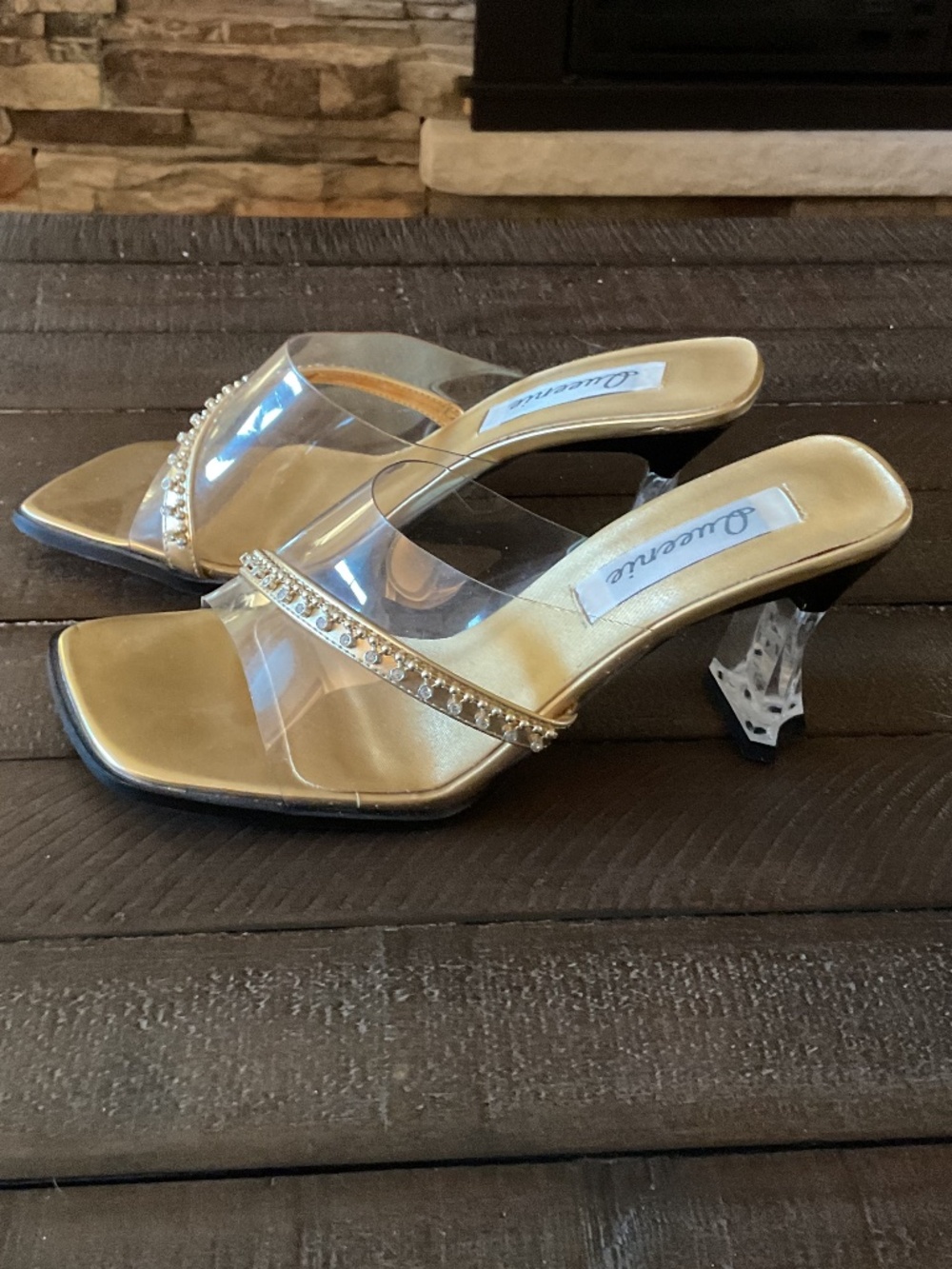 ⭐️ Queenie Clear Rhinestone Strap Gold Heeled Sandals - size 7
